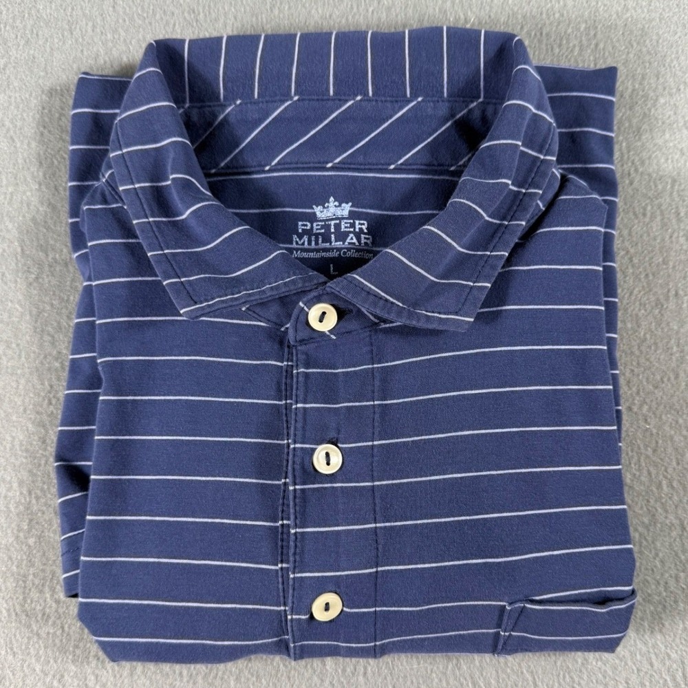Peter Millar Mountainside Navy Striped Golf Polo Shirt Mens L Pocket Preppy